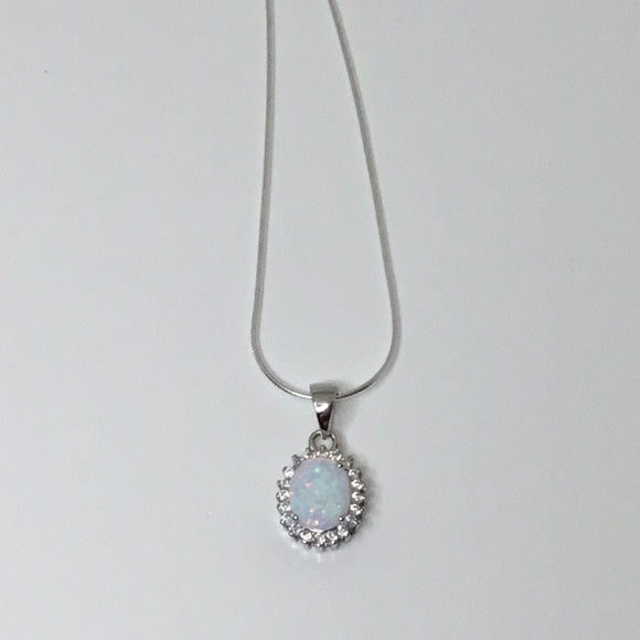 Sterling Silver Lab Created Opal and Cz Necklace - Picture 8 of 16